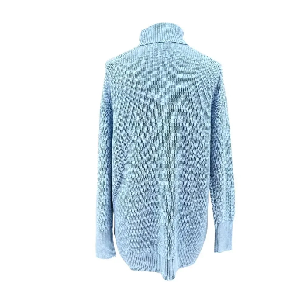 J. Crew Blue Cotton Cashmere Blend Chunky Ribbed Turtleneck Fisherman Sweater